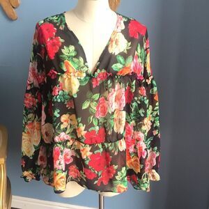 ASOS black floral 3/4 sleeves gauzy ruffled V neck see through light top size 14